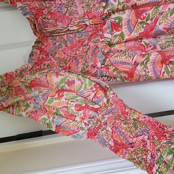 FARM Rio Smocked Top Midi Dress in Pink Macaw Flight - Picture 6 of 16